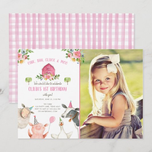 Farm Animals Girl Pink Gingham Barnyard Birthday Kaart (Voorkant / Achterkant)