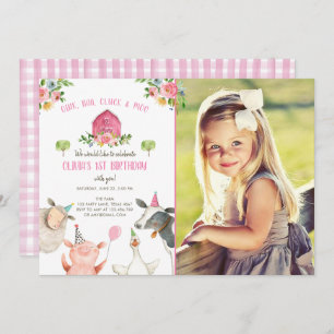 Farm Animals Girl Pink Gingham Barnyard Birthday Kaart