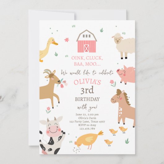 Farm Animals Girl Pink Gingham Barnyard Birthday Kaart (Voorkant)