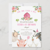Farm Animals Girl Pink Gingham Barnyard Birthday Kaart (Voorkant)