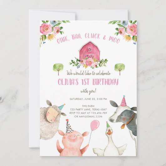 Farm Animals Girl Pink Gingham Barnyard Birthday Kaart (Voorkant)