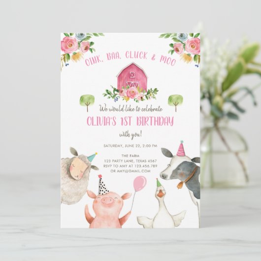 Farm Animals Girl Pink Gingham Barnyard Birthday Kaart (Staand voorkant)