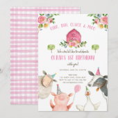 Farm Animals Girl Pink Gingham Barnyard Birthday Kaart (Voorkant / Achterkant)