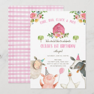 Farm Animals Girl Pink Gingham Barnyard Birthday Kaart