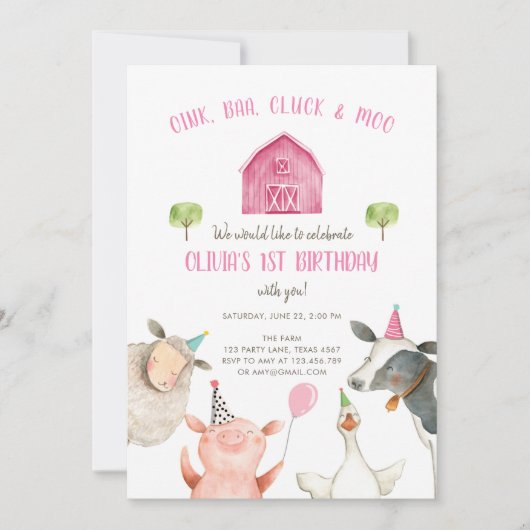 Farm Animals Girl Pink Gingham Barnyard Birthday Kaart (Voorkant)