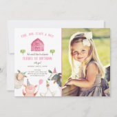 Farm Animals Girl Pink Gingham Barnyard Birthday Kaart (Voorkant)