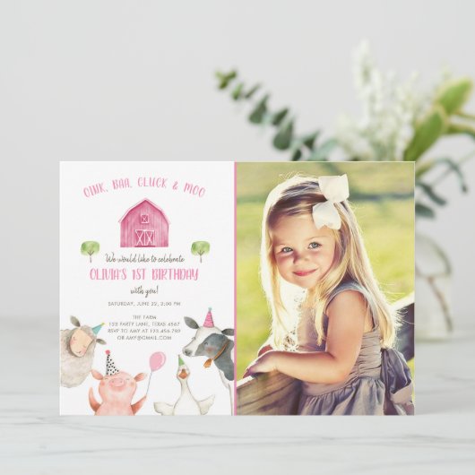 Farm Animals Girl Pink Gingham Barnyard Birthday Kaart (Staand voorkant)