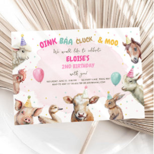 Farm Animals Girl Pink Gingham Barnyard Birthday Kaart