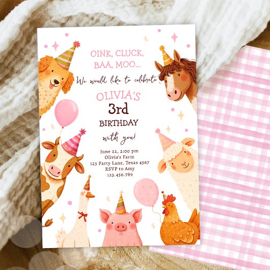Farm Animals Girl Pink Gingham Barnyard Birthday Kaart