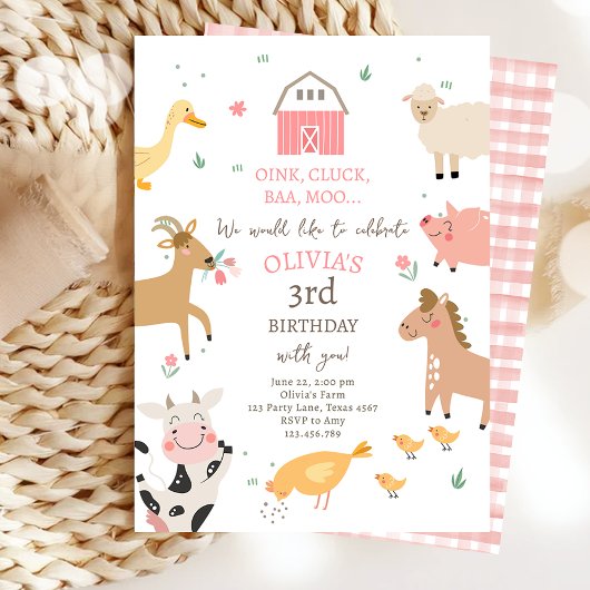 Farm Animals Girl Pink Gingham Barnyard Birthday Kaart