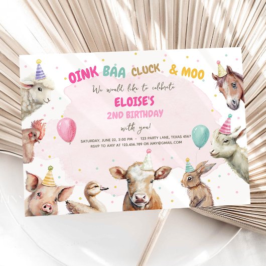 Farm Animals Girl Pink Gingham Barnyard Birthday Kaart
