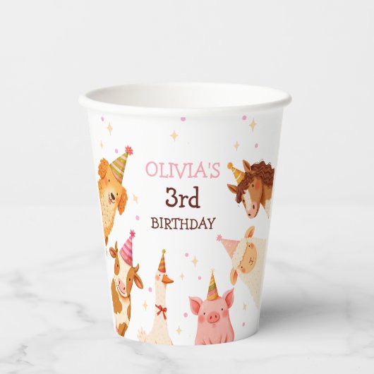 Farm Animals Girl Pink Gingham Barnyard Birthday Papieren Bekers (Voorkant)