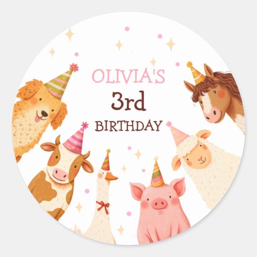 Farm Animals Girl Pink Gingham Barnyard Birthday Ronde Sticker (Voorkant)