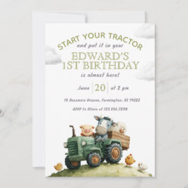 Farm Animals Green Tractor Birthday  Kaart