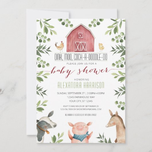 Farm Animals Greenery Baby Shower Invitation Kaart (Voorkant)