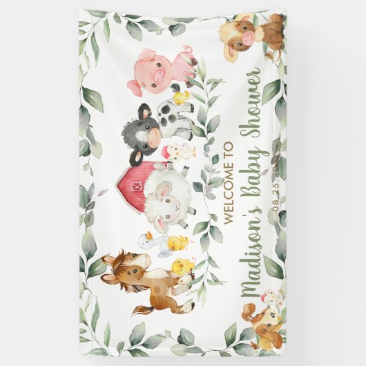 Farm Animals Greenery Baby shower Welkomstachtergr Spandoek (Verticaal)