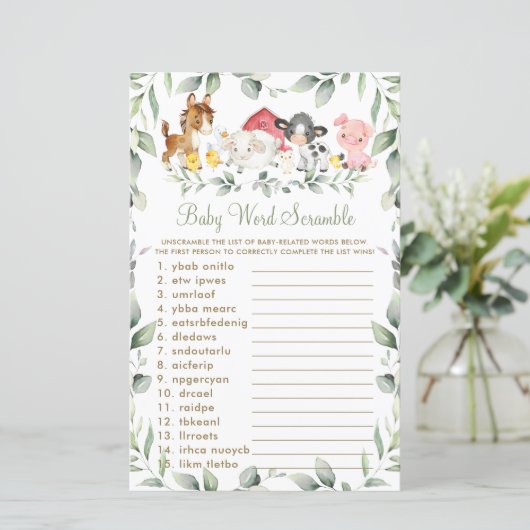 Farm Animals Greenery Baby shower Word Scramble (Staand voorkant)