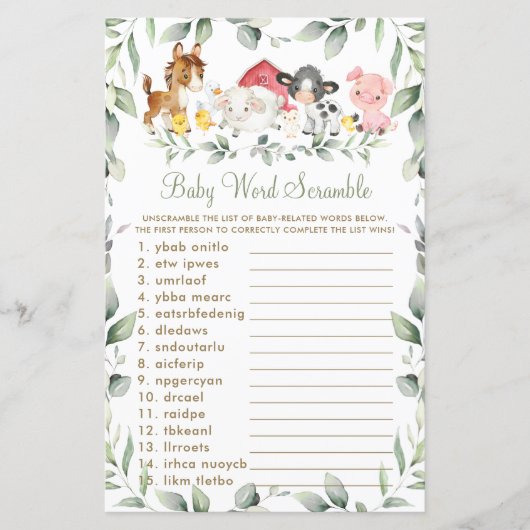 Farm Animals Greenery Baby shower Word Scramble (Voorkant)