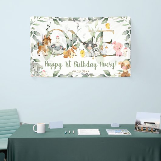 Farm Animals Greenery ONE 1st Birthday Backdrop Spandoek (Beurs)