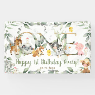 Farm Animals Greenery ONE 1st Birthday Backdrop Spandoek