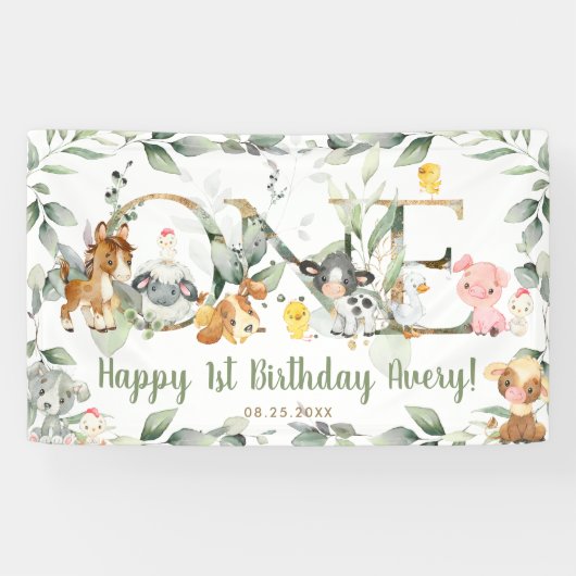 Farm Animals Greenery ONE 1st Birthday Backdrop Spandoek (Horizontaal)