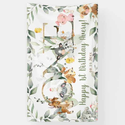 Farm Animals Greenery ONE 1st Birthday Backdrop Spandoek (Verticaal)