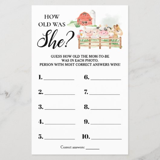 Farm Animals Hoe oud was ze Baby shower Kaart (Voorkant)