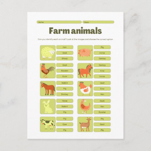 Farm Animals Identification Educational Worksheet Briefkaart (Voorkant)