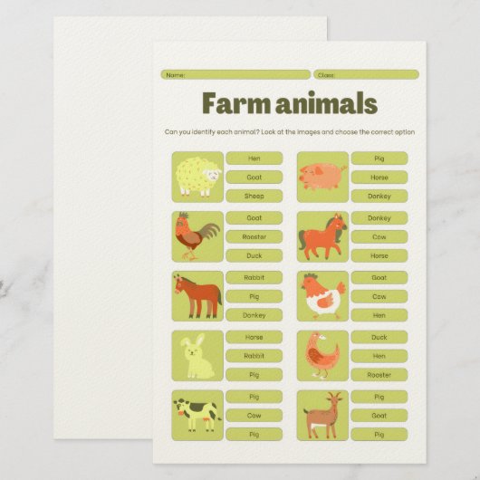Farm Animals Identification Educational Worksheet Briefpapier (Voorkant / Achterkant)