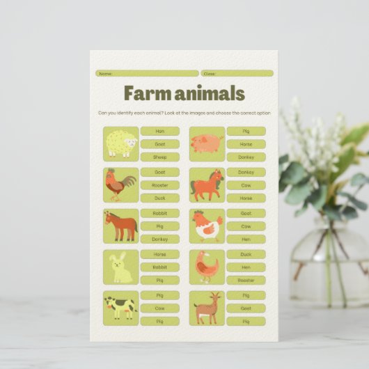 Farm Animals Identification Educational Worksheet Briefpapier (Staand voorkant)