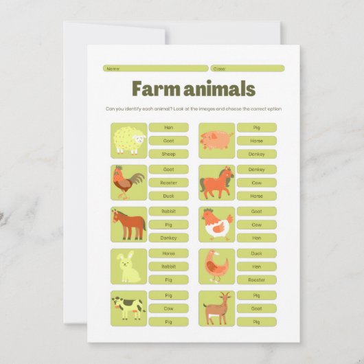Farm Animals Identification Educational Worksheet Feestdagenkaart (Voorkant)