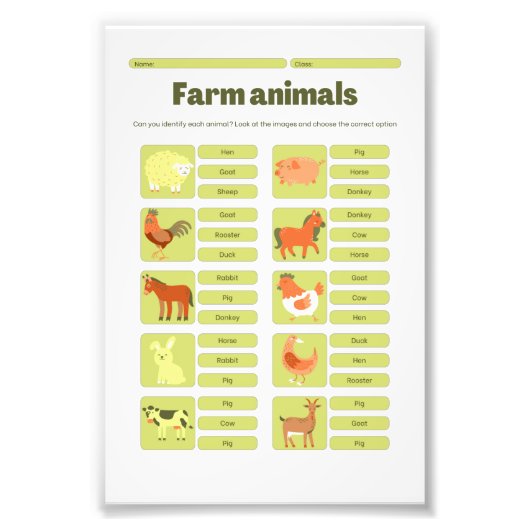 Farm Animals Identification Educational Worksheet Foto Afdruk (Voorkant)