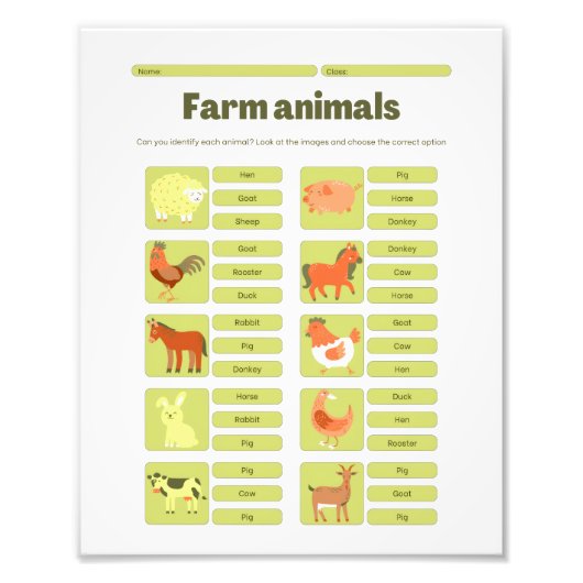 Farm Animals Identification Educational Worksheet Foto Afdruk (Voorkant)