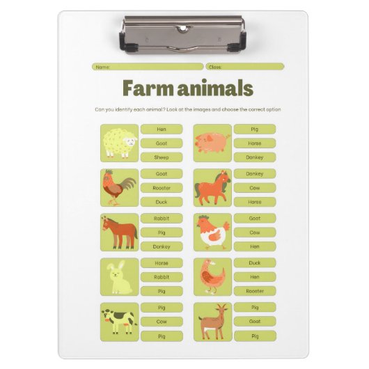 Farm Animals Identification Educational Worksheet Klembord (Voorkant)