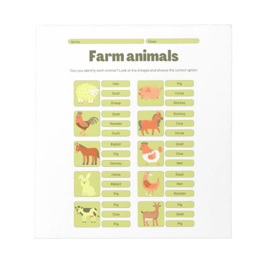 Farm Animals Identification Educational Worksheet Notitieblok (Voorkant)