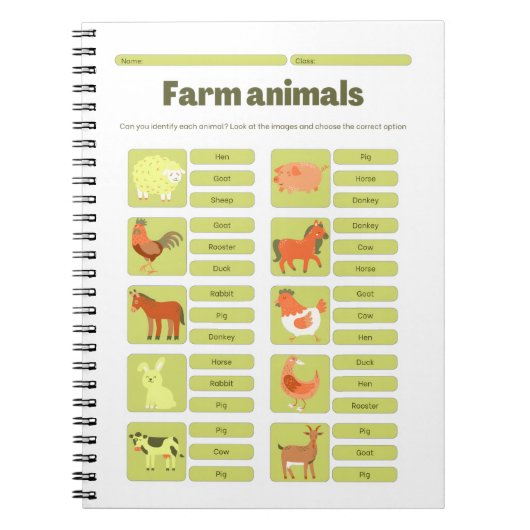 Farm Animals Identification Educational Worksheet Notitieboek (Voorkant)