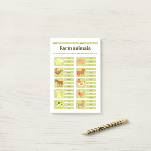 Farm Animals Identification Educational Worksheet Post-it® Notes (Op bureau)