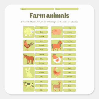 Farm Animals Identification Educational Worksheet Vierkante Sticker