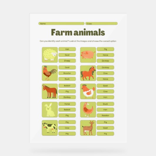 Farm Animals Identification Learning Worksheet Acryl Bord (Voorkant)