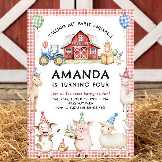 Farm Animals Kids Birthday Invitation Kaart