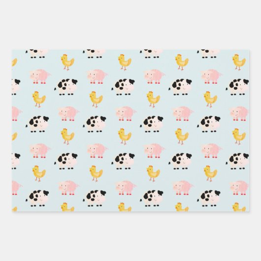 Farm Animals & Koe Pattern Blue Birthday Inpakpapier Vel (Voorkant 3)