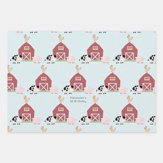 Farm Animals & Koe Pattern Blue Birthday Inpakpapier Vel (Voorkant)