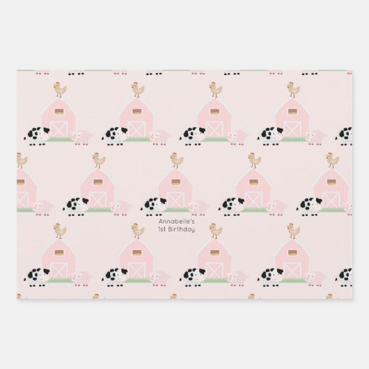 Farm Animals & Koe Pattern Pink Birthday Inpakpapier Vel (Voorkant)