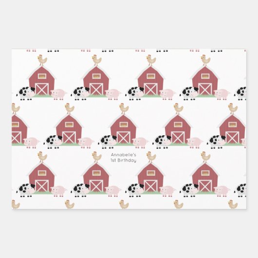 Farm Animals & Koe Pattern White Birthday Inpakpapier Vel (Voorkant)