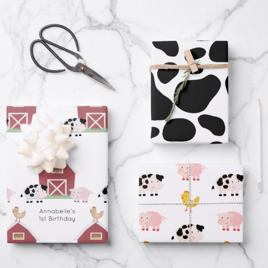 Farm Animals & Koe Pattern White Birthday Inpakpapier Vel (Voorkant)