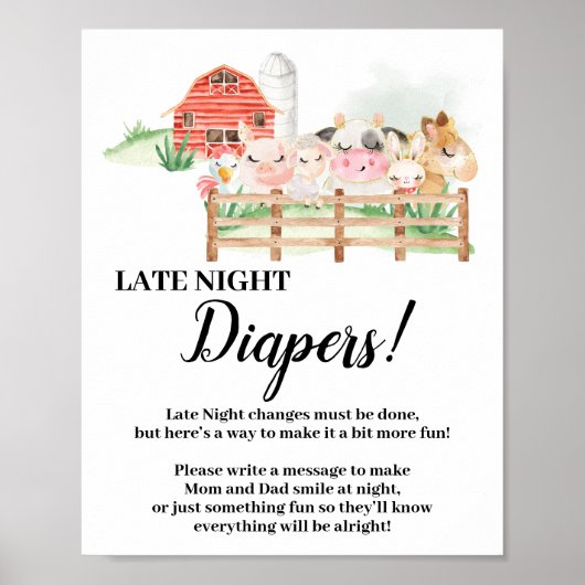 Farm Animals Late Night Diapers Baby shower sign Poster (Voorkant)