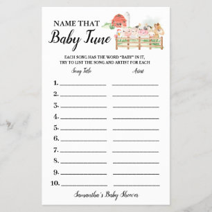 Farm Animals Name Baby Tune Shower Game Card Flyer