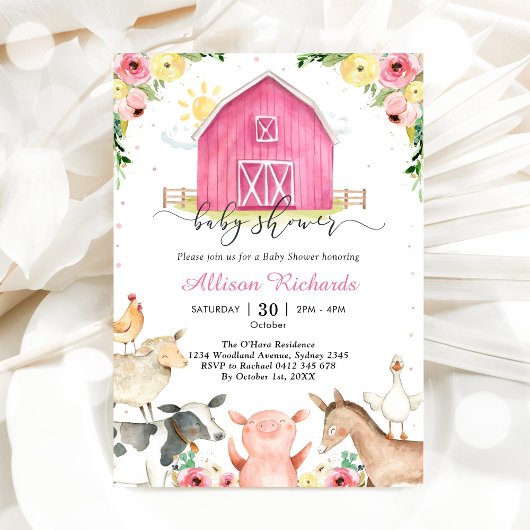 Farm Animals Pink Baby Shower Invitation Kaart