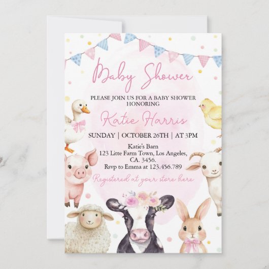 Farm Animals Pink Barnyard Baby shower Uitnodiging (Voorkant)