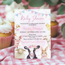 Farm Animals Pink Barnyard Baby shower Uitnodiging